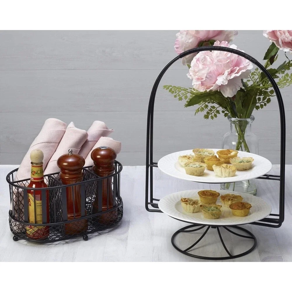 Mikasa Gourmet Basics Band Stripe Picnic Buffet Storage Caddy Farmhouse Metal